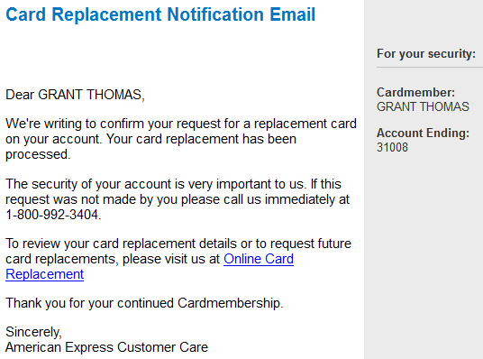 Card Replacement Email