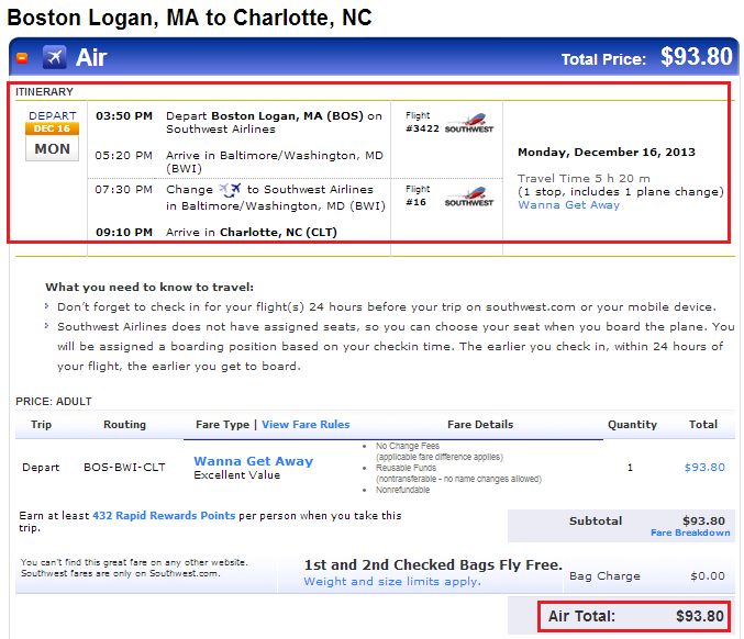 BOS to CLT Flights 12.16 Cash Prices Total