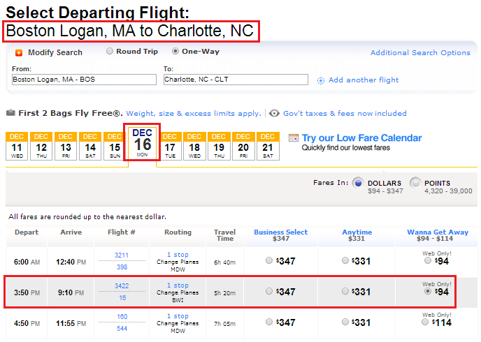 BOS to CLT Flights 12.16 Cash Prices