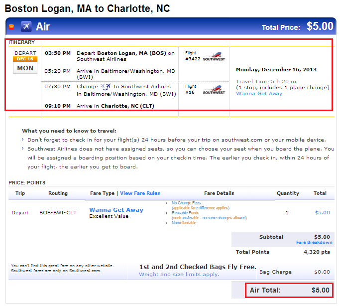 BOS to CLT Points 5 Dollars