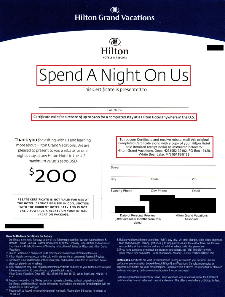 200 Spend A Night On Us Rebate Check From Hilton Grand Vacations