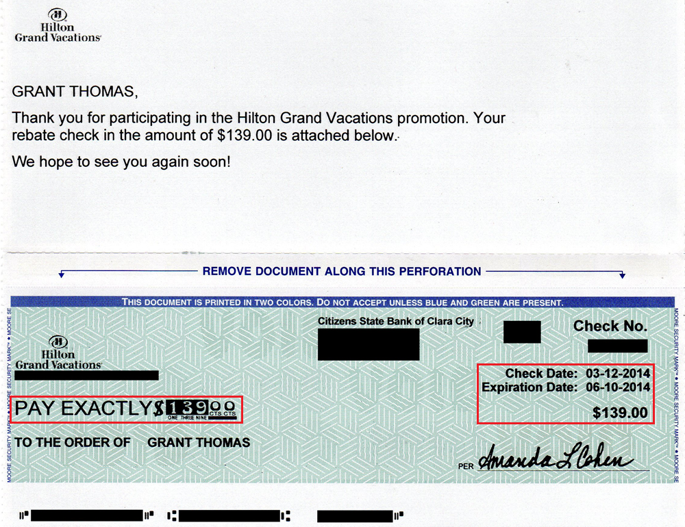  200 Spend A Night On Us Rebate Check From Hilton Grand Vacations