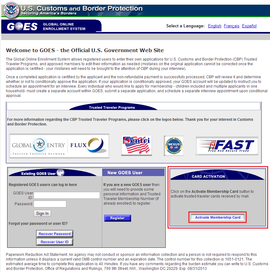 Activate Global Entry Card Home Page