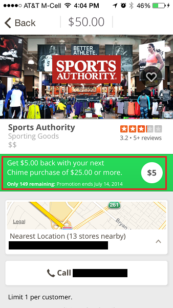 Chime Sports Authority Offer