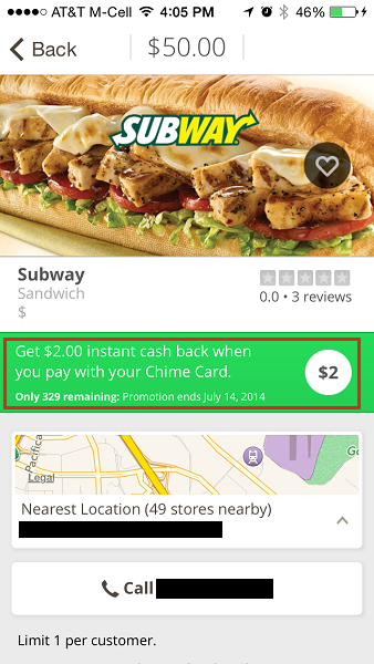 Chime Subway Offer