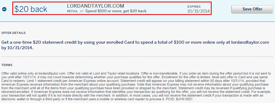 Lord Taylor AMEX Offer