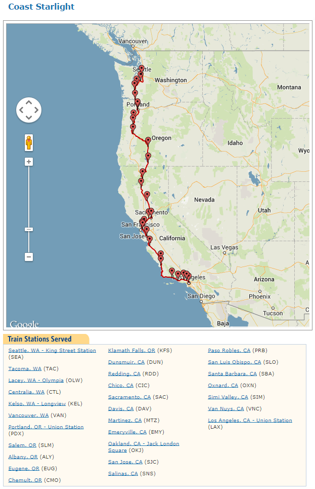Amtrak Coast Starlight Train Stops Map