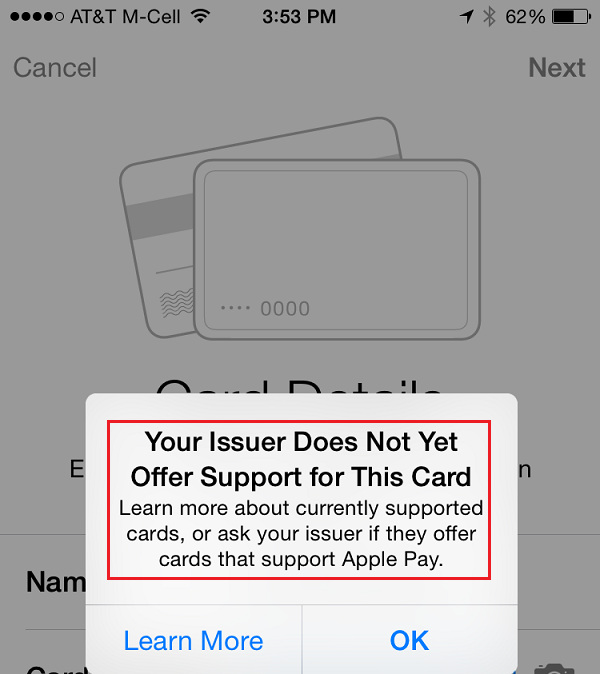 Card Not Allowed on Apple Pay
