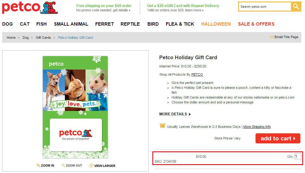 $10 Petco Gift Card