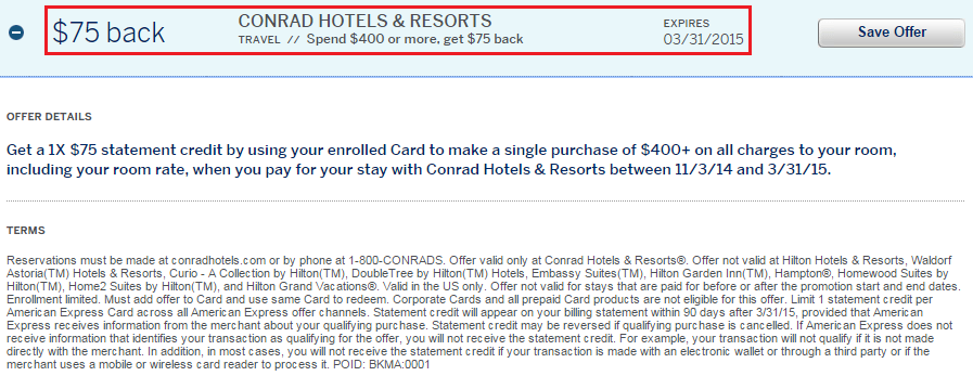 Conrad Hotels Resorts AMEX Offer