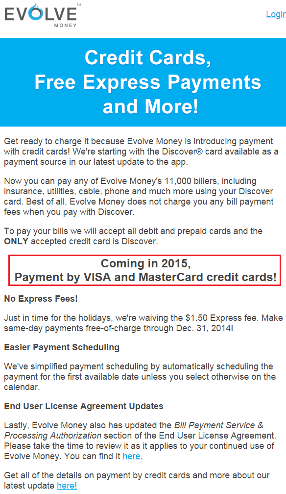 Evolve Money Accepting Credit Cards 2015