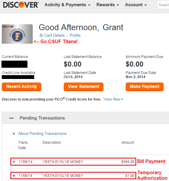 Pending Evolve Money Payments in Discover Account