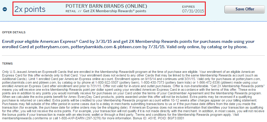 Pottery Barn AMEX Offer