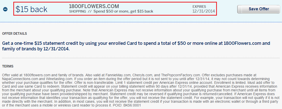 1 800 Flowers AMEX Offer