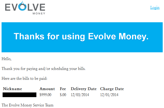 Evolve $999 Payment