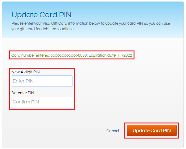 Update Card PIN Create PIN