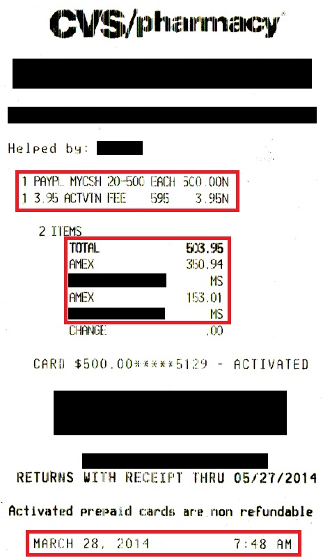Original Cvs Paypal Card Receipt